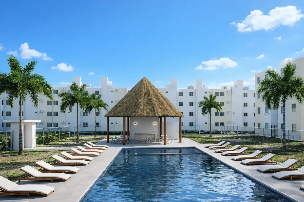 Fachada de las residencias en Aura Nova Cancún